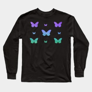 Purple Teal Ombre Faux Glitter Butterflies Long Sleeve T-Shirt